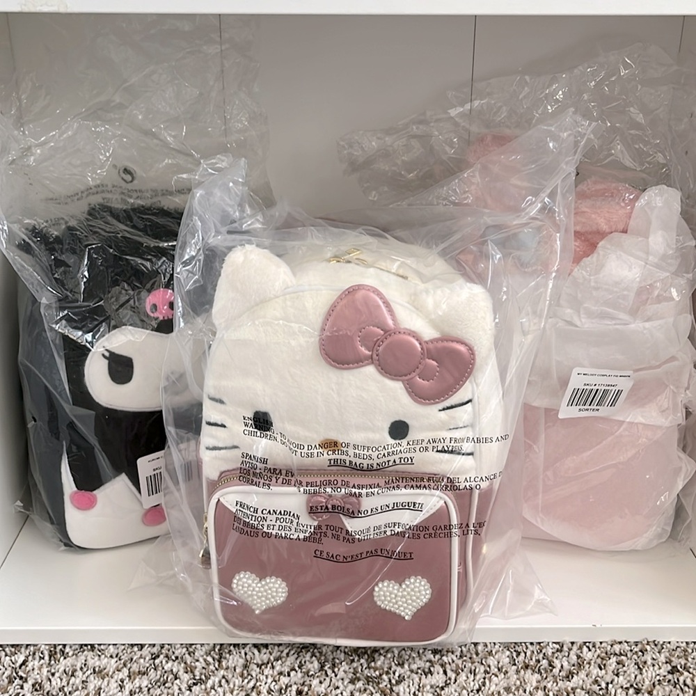 SET OF THREE rare Loungefly fuzzy Sanrio backpacks hk, my Melody Kuromi